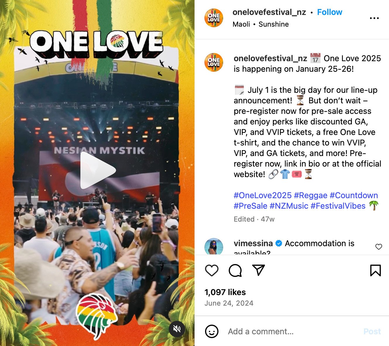 One Love Festival NZ Instagram post promoting a ticket giveaway with vibrant festival branding