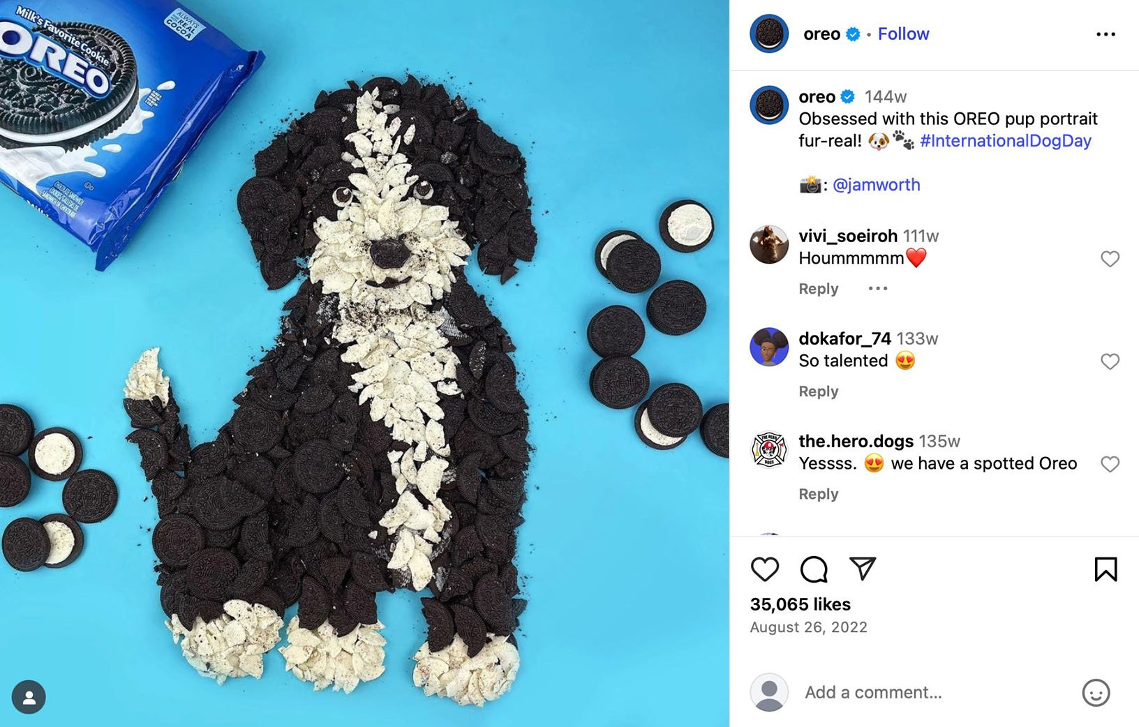 OREO cookie art portrait of a dog on a blue background, created using cookie pieces for International Dog Day
