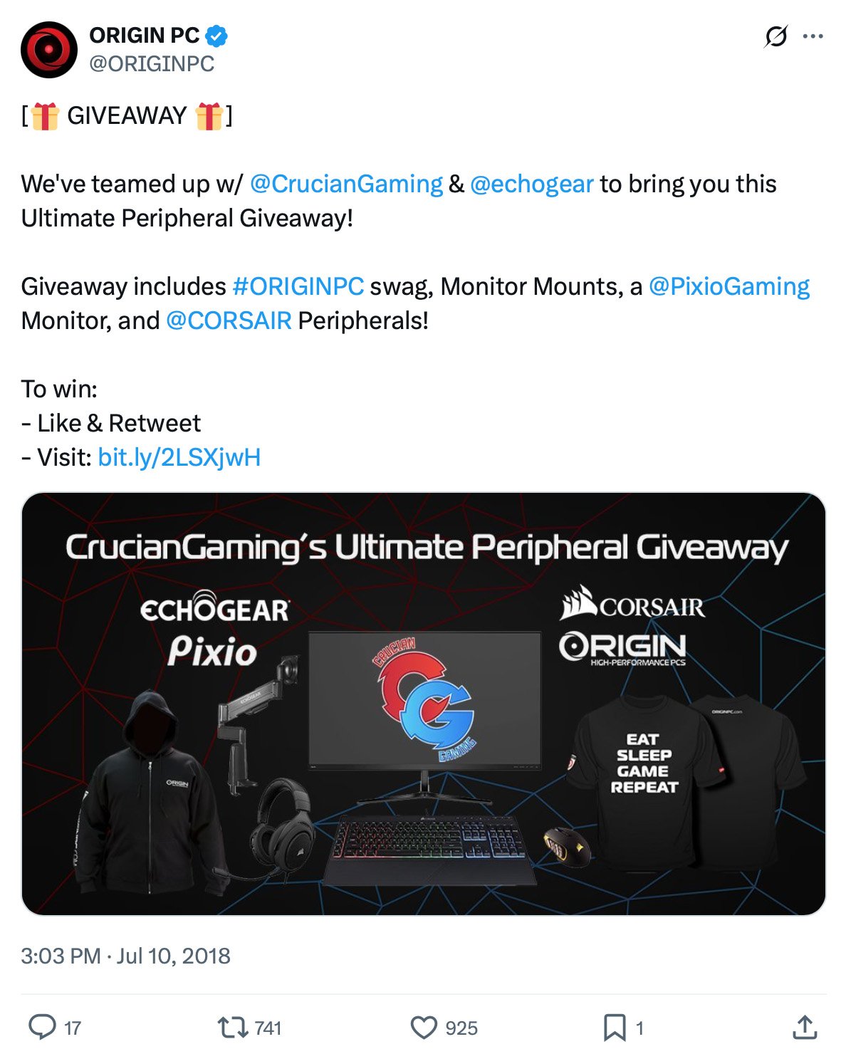 ORIGIN PC giveaway promotion on Twitter