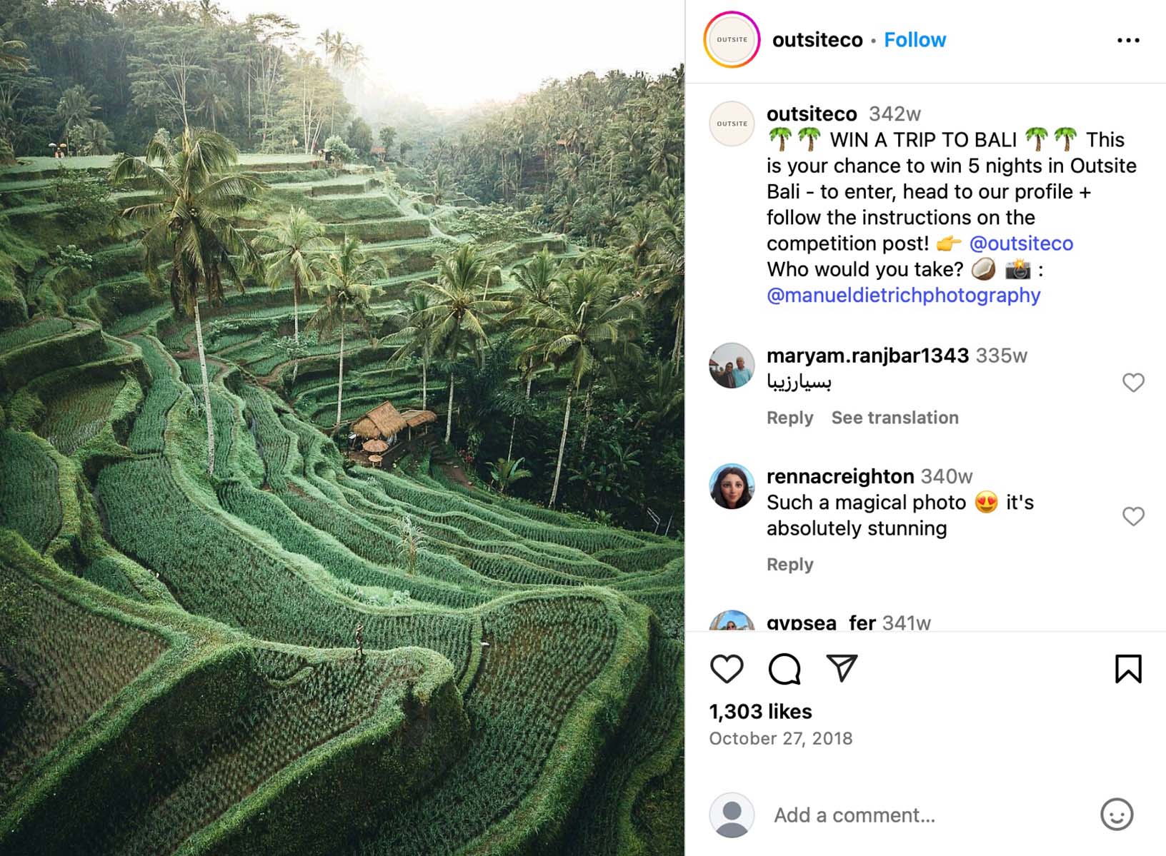 Outsite Instagram post featuring a travel-themed giveaway for remote work stays