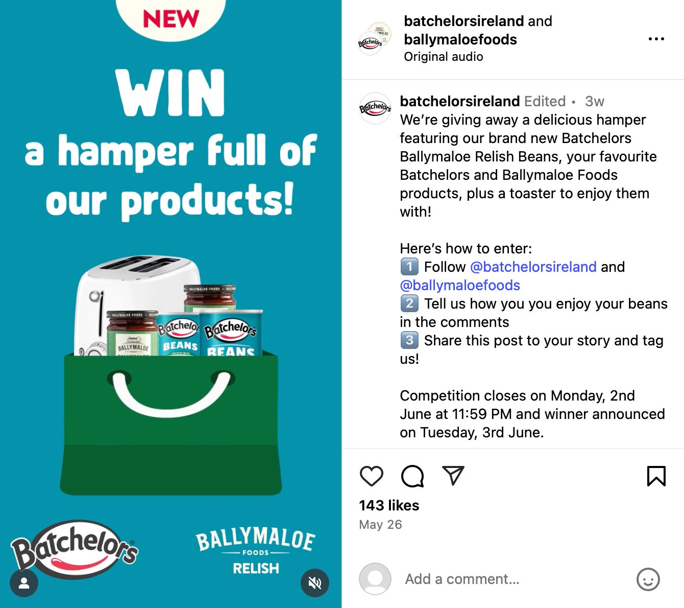 Illustrated giveaway post featuring Batchelors and Ballymaloe products with a toaster in a green bag