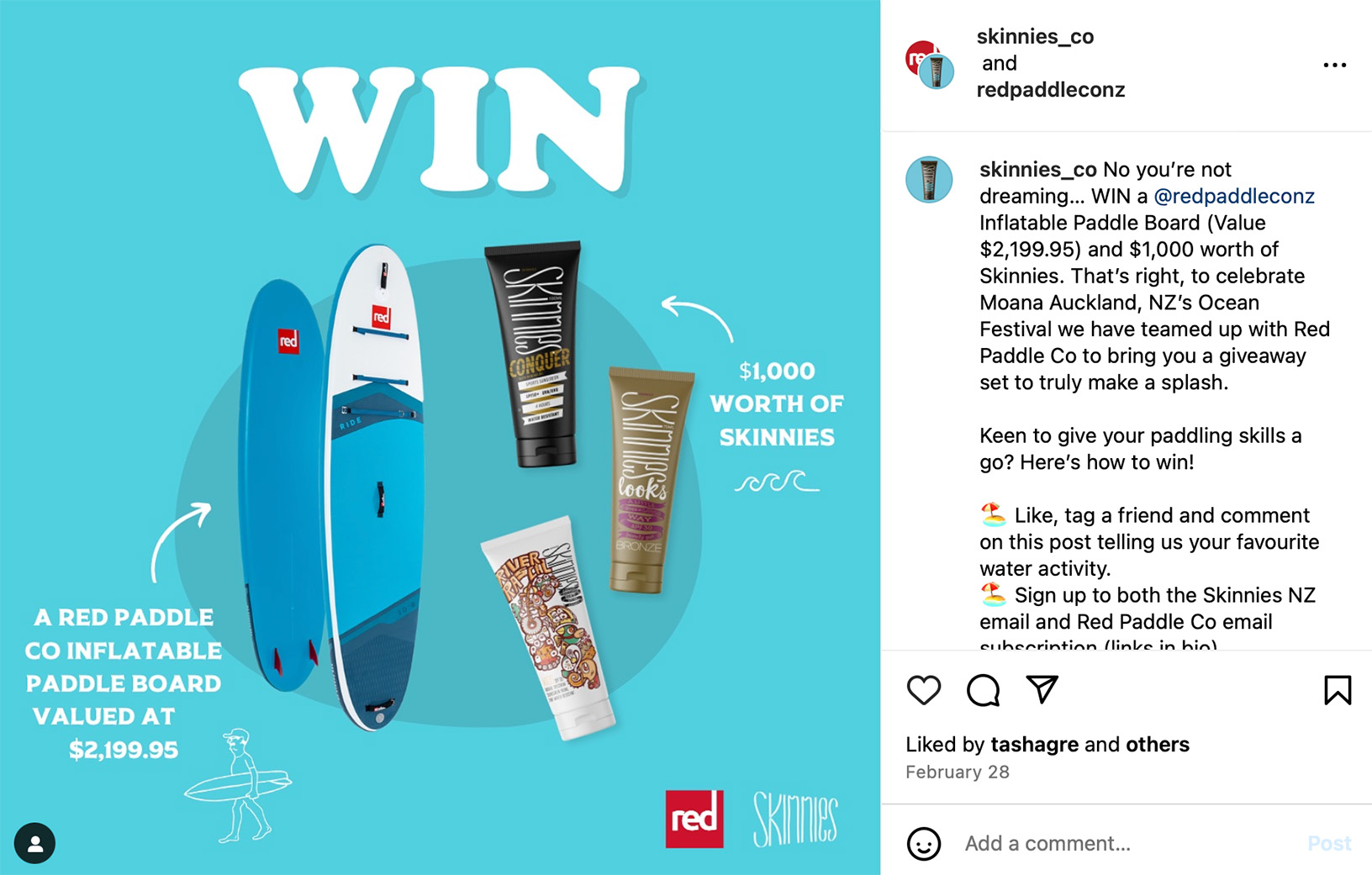 Instagram post promoting a paddle board giveaway for outdoor adventure enthusiasts