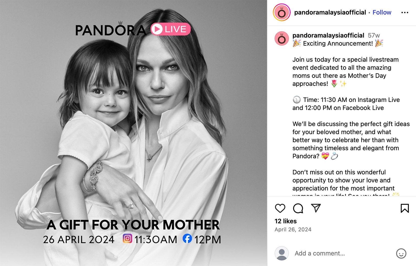 Black-and-white portrait of a woman holding her young daughter with text promoting a Pandora livestream for Mother's Day