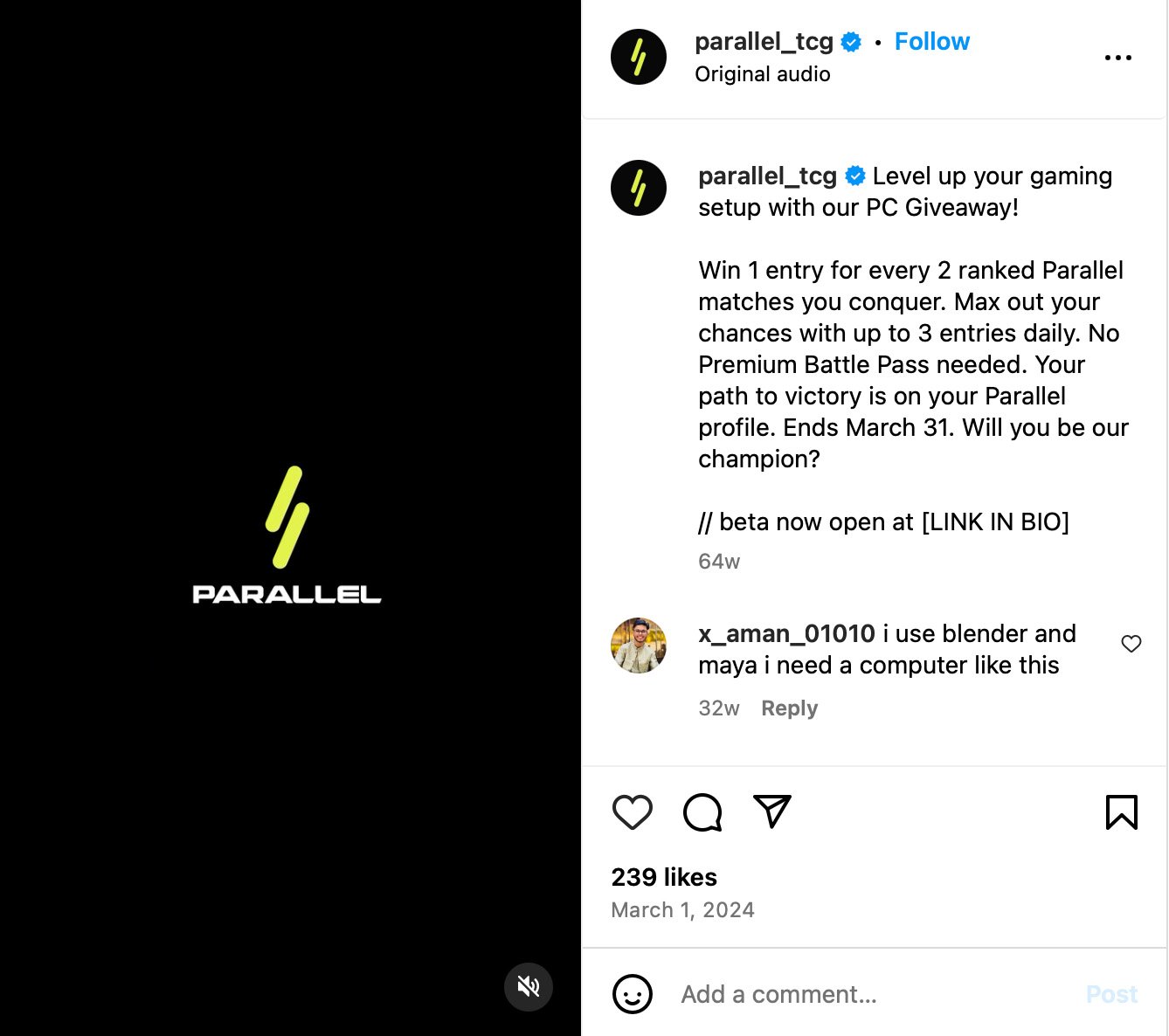 Parallel TCG Instagram post showcasing a trading card game giveaway with sci-fi themed artwork