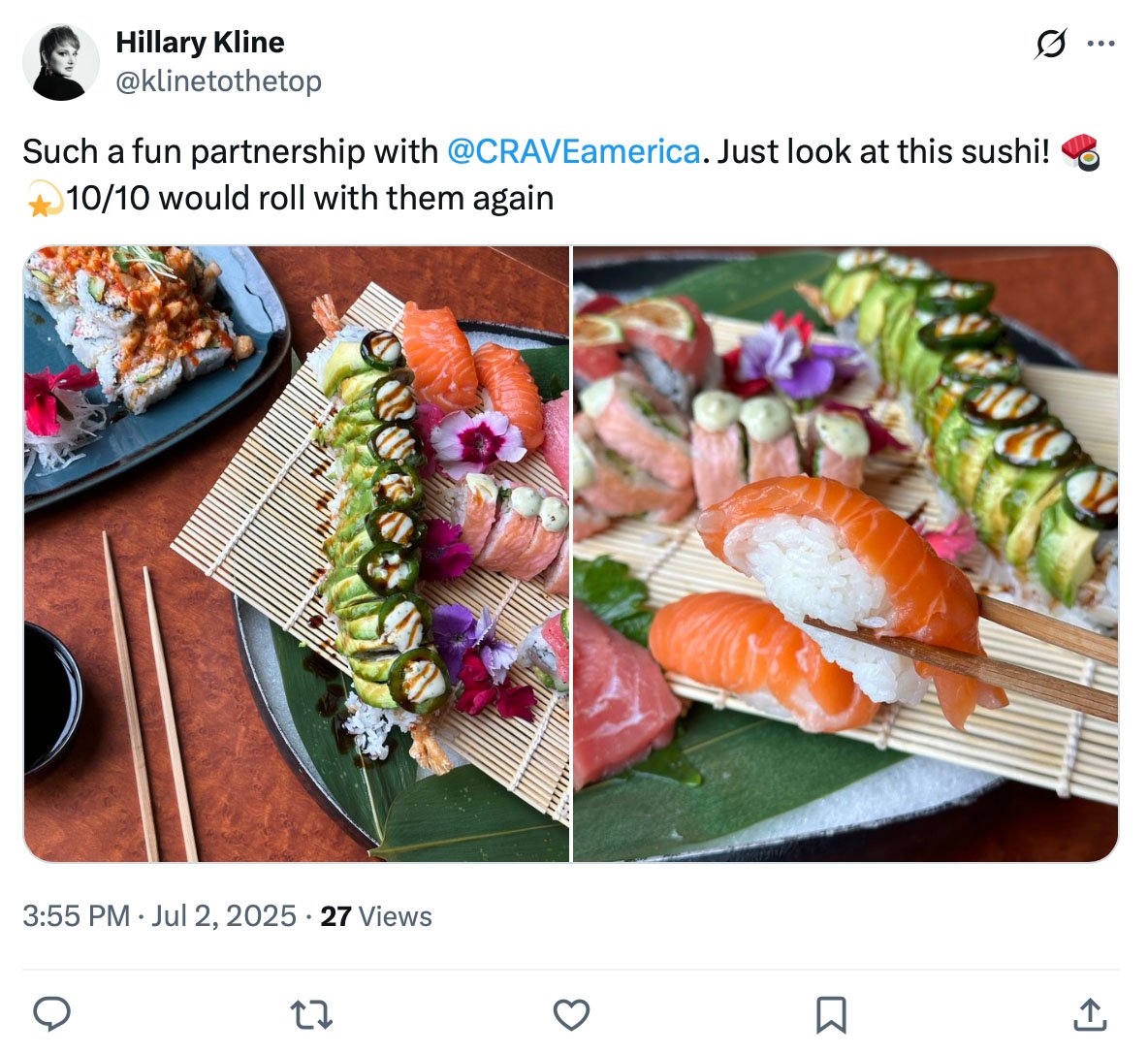 Close-up of assorted sushi rolls including salmon, avocado, and garnishes, shared in a social media partnership post