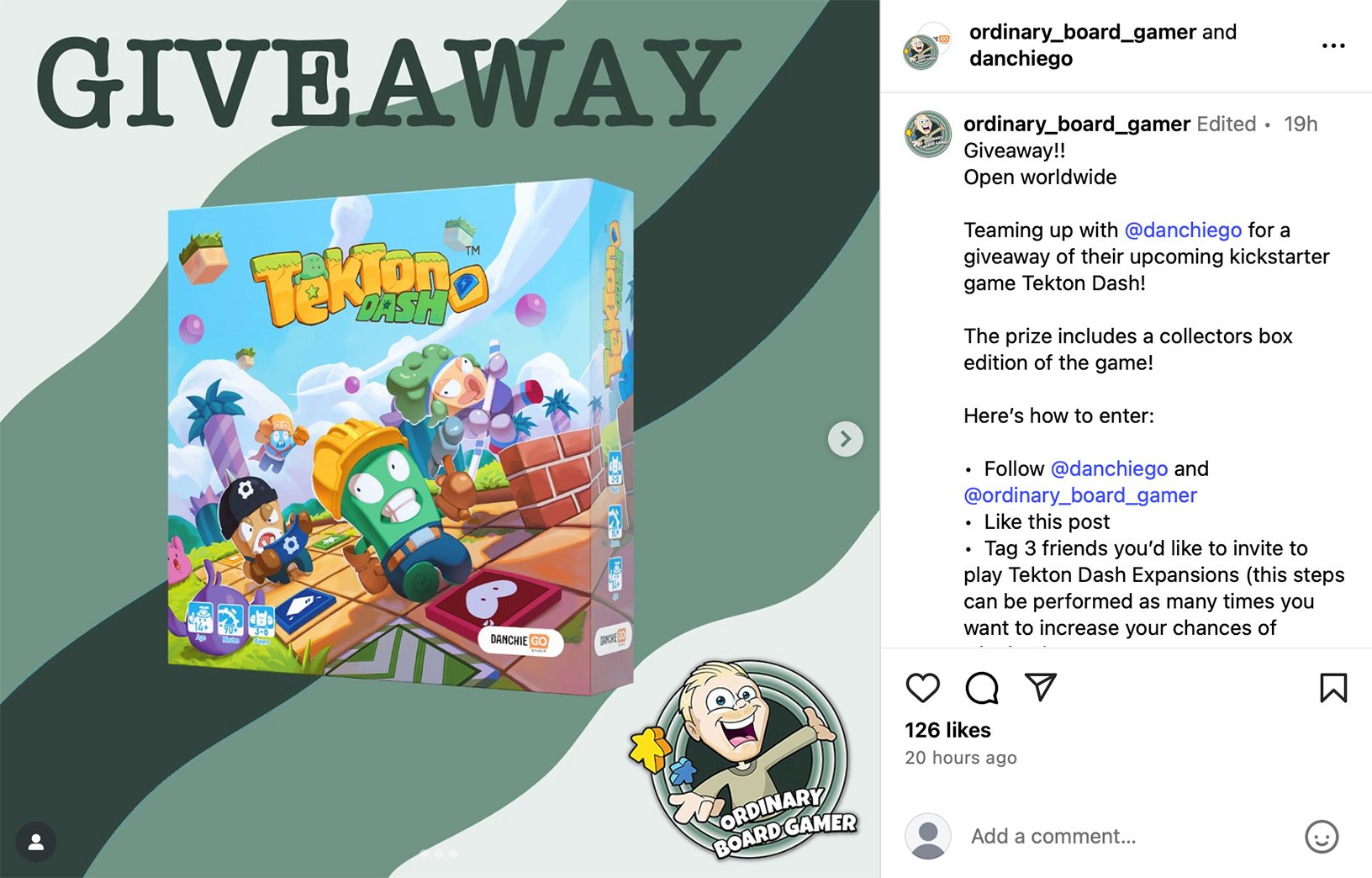 Instagram giveaway post for Tekton Dash showing a board game box and entry rules to follow and tag friends