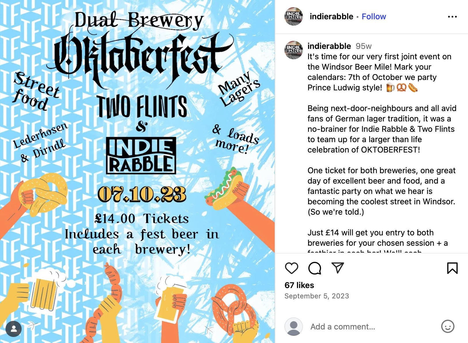 Oktoberfest event poster showing details for Two Flints & Indie Rabble dual brewery day with lager, food, and music