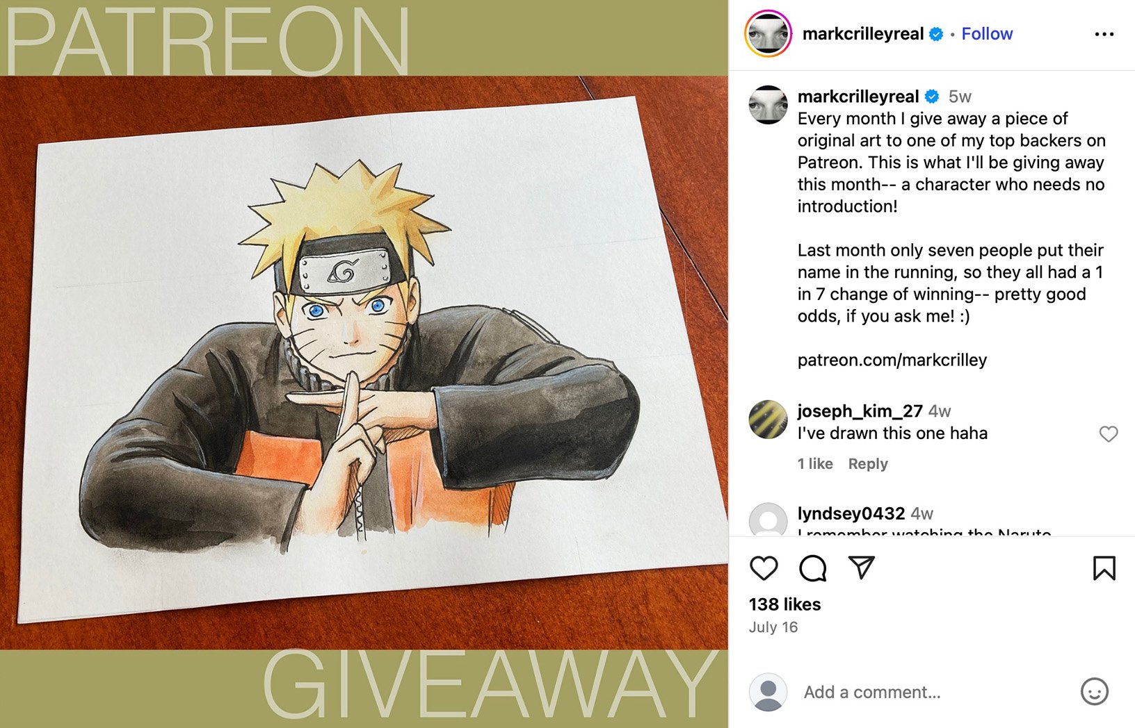 Instagram post by Mark Crilley announcing a Patreon giveaway of original Naruto artwork with details on how patrons can enter
