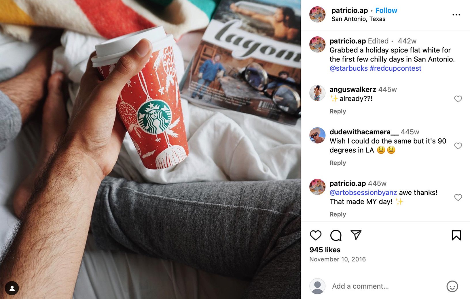 Instagram post featuring Patricio's giveaway with stylish accessories and minimalist branding