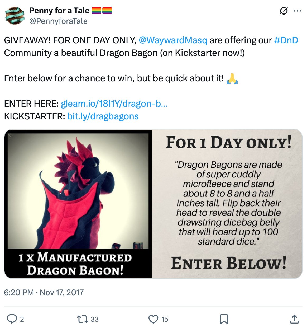 Dragon Bagon plush with text describing its microfleece build and dicebag belly