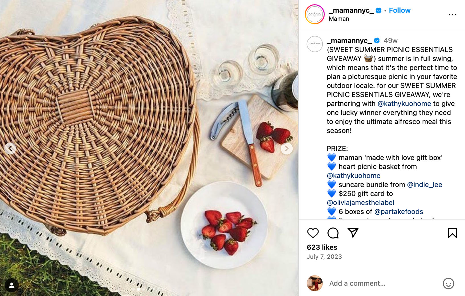 Instagram post featuring a picnic-themed giveaway promotion