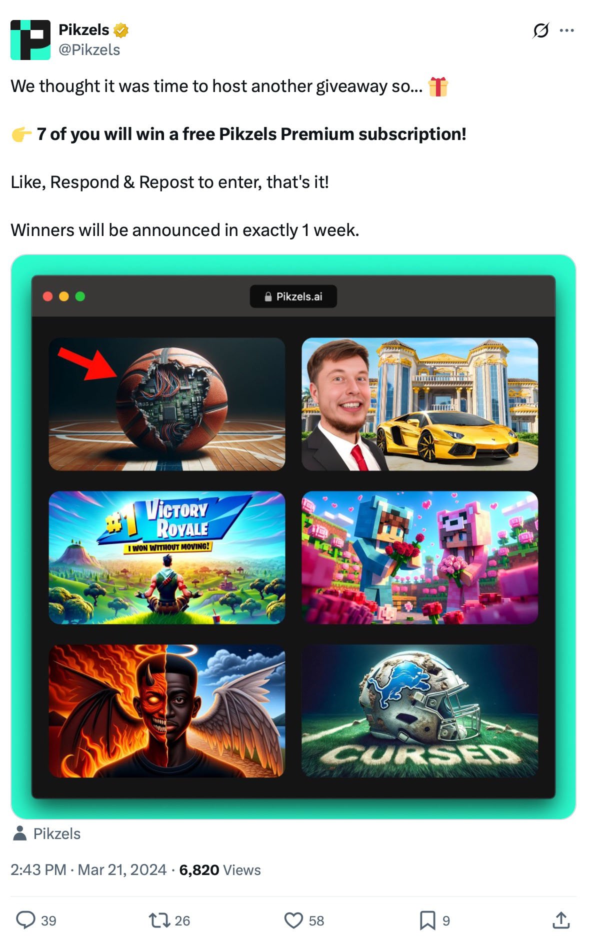 Pikzels browser interface showing colorful video thumbnails with giveaway text