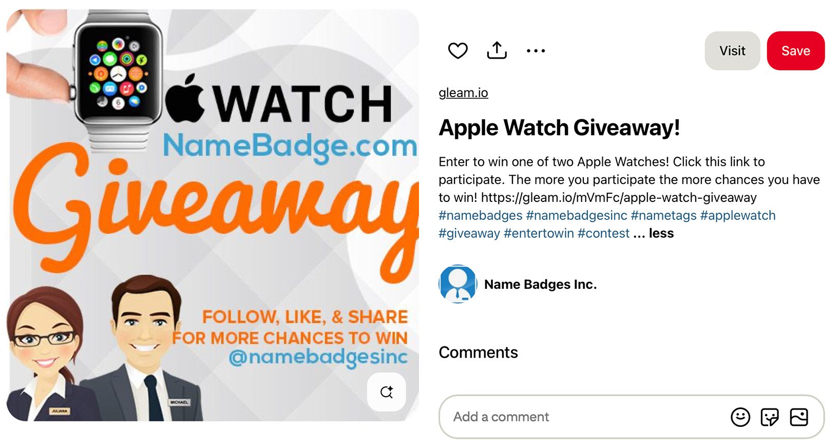 Pinterest giveaway pin promoting an Apple Watch prize with clean, modern design