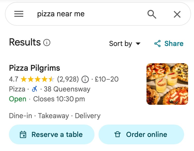 Google Maps results showing pizza places near London Fields including Pizza Pilgrims and LARDO