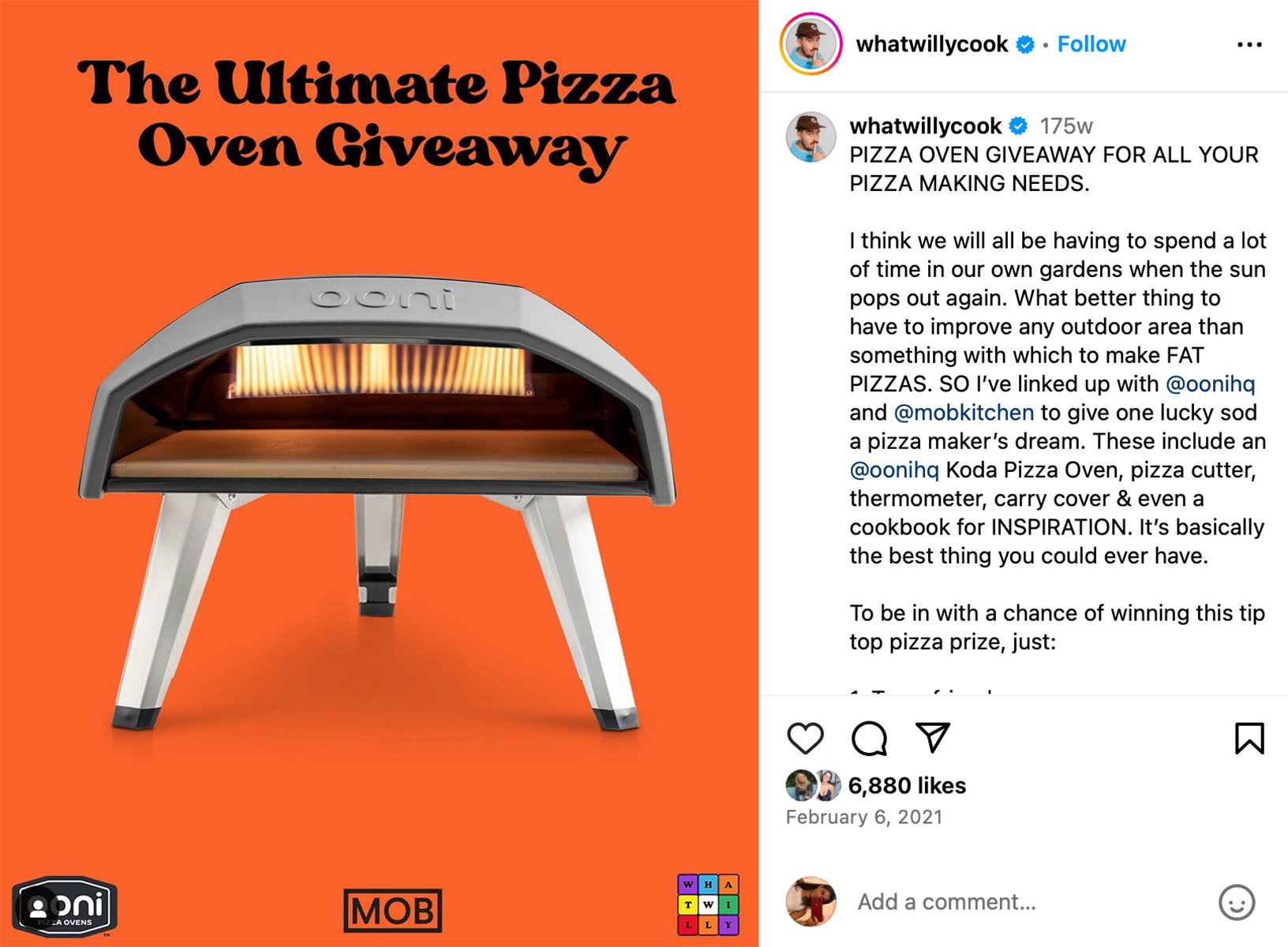 Instagram post promoting a pizza oven giveaway for food lovers