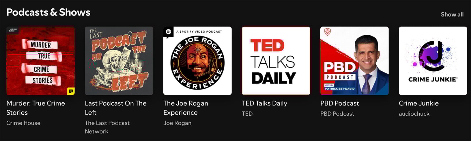 Spotify interface showing podcast covers including TED Talks Daily, The Joe Rogan Experience, and Crime Junkie