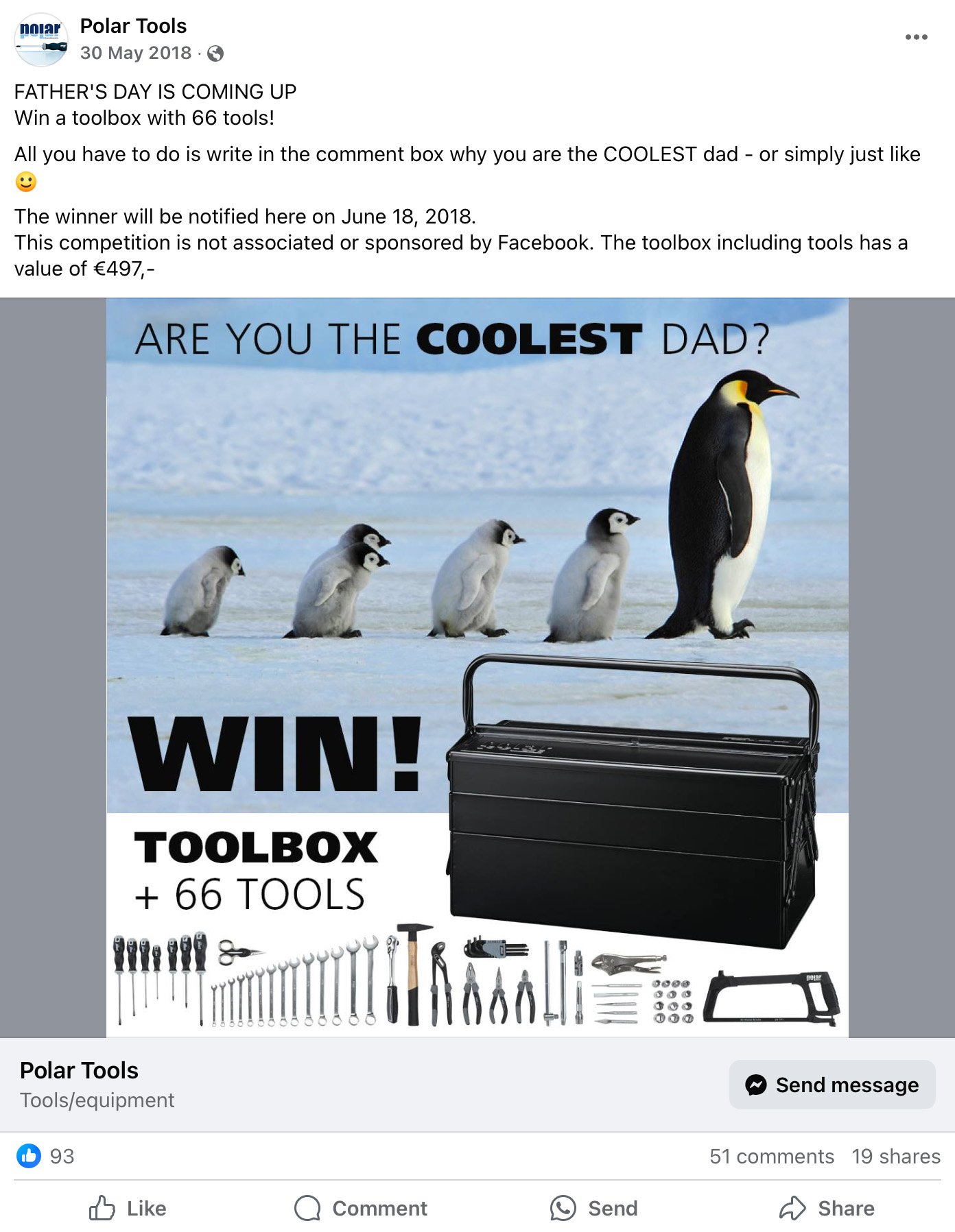Toolbox with 66 tools and penguin family with bold giveaway callout for Father's Day