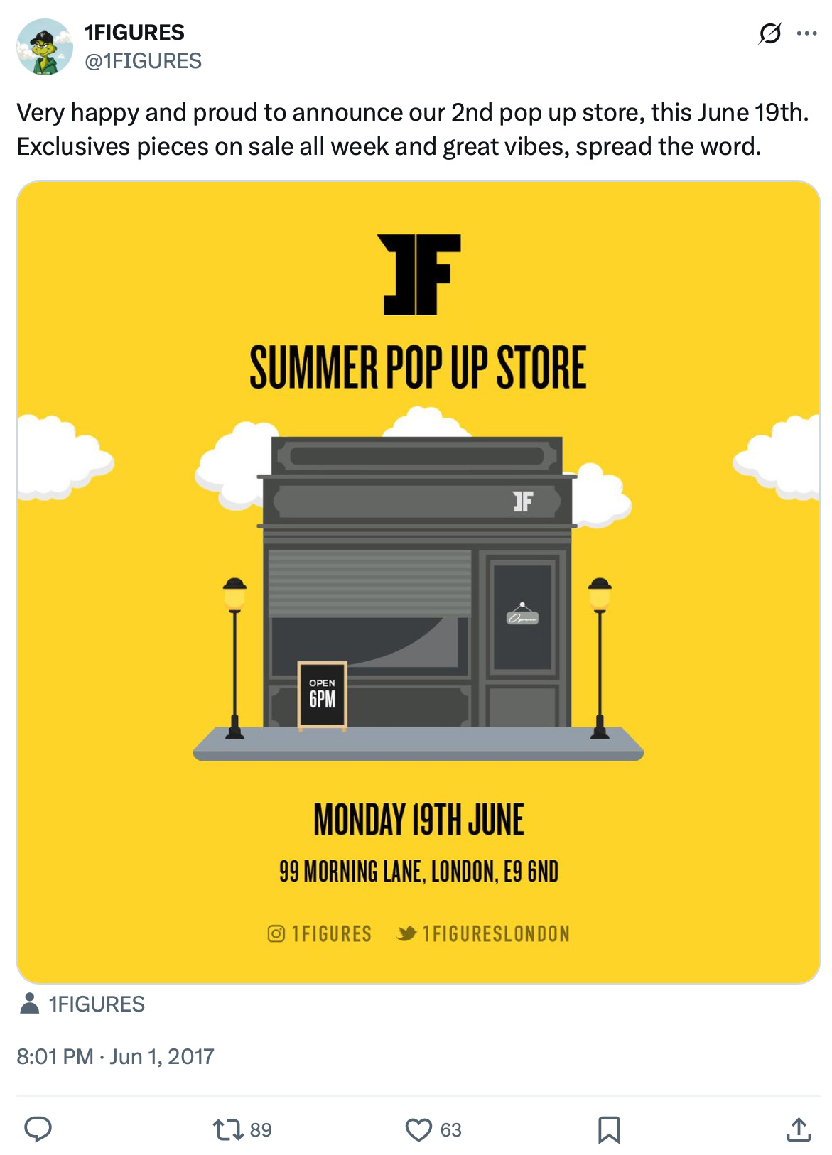 1FIGURES tweet promoting their summer pop-up store on June 19th with exclusive pieces and good vibes