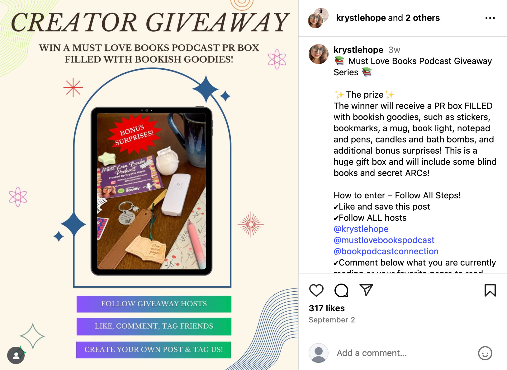 Instagram creator giveaway: Must Love Books Podcast PR box filled with bookish goodies and bonus surprises