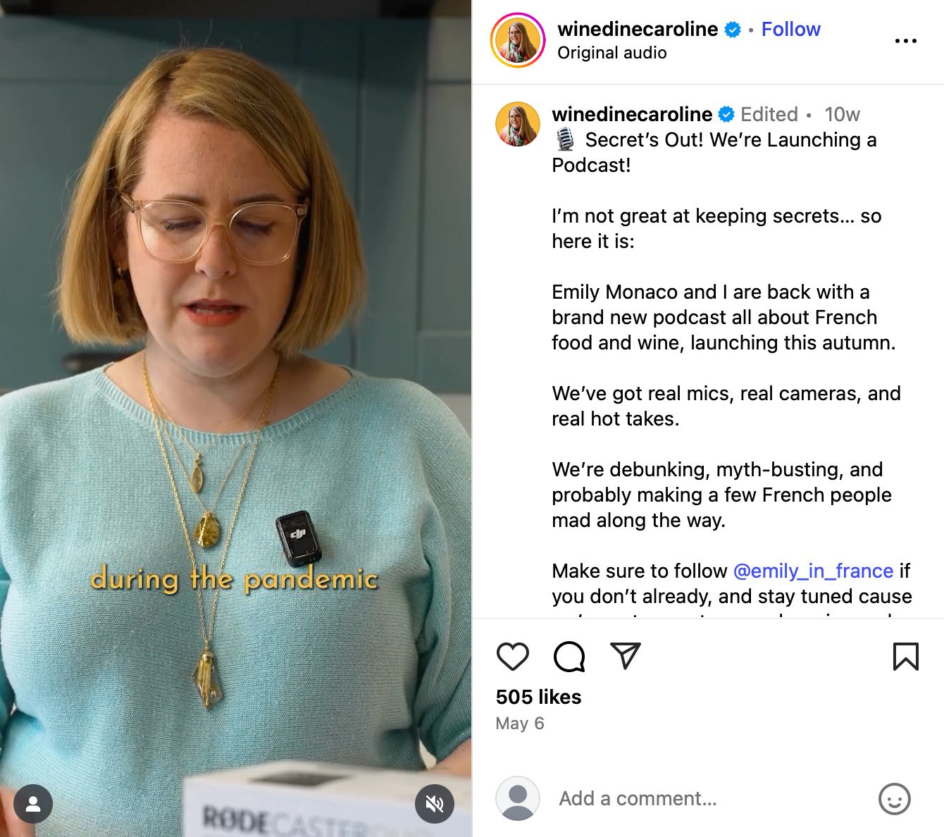 Instagram Reel from winedinecaroline announcing a new podcast launch focused on French food and wine