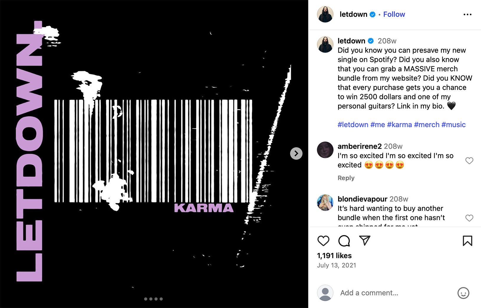 Promotional post for Letdown’s Karma single featuring a barcode design and Spotify pre-save giveaway