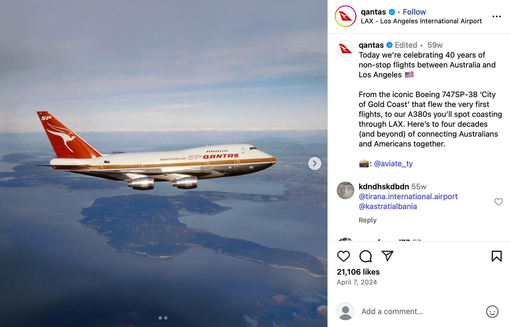 Qantas Boeing 747SP aircraft flying over the ocean with retro 'City of Gold Coast' livery