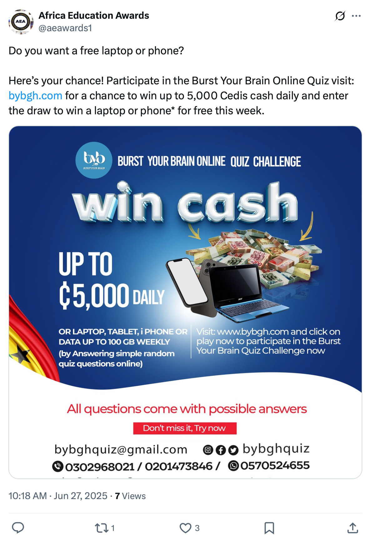 Promotional graphic for the Burst Your Brain Online Quiz Challenge, showing prizes like cash, laptop, and smartphone