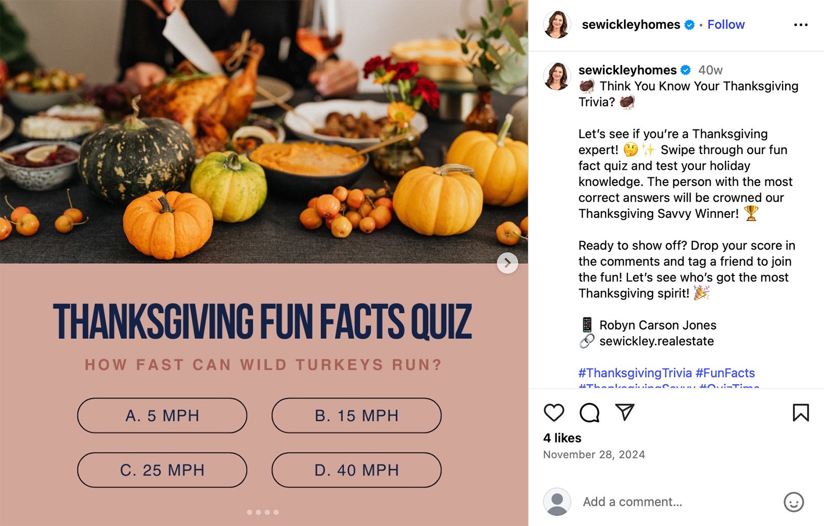 Instagram Thanksgiving giveaway post featuring a trivia quiz question about how fast wild turkeys can run