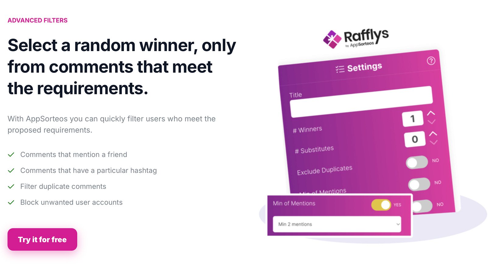 Rafflys by AppSorteos showing giveaway settings for filtering winners by comment type