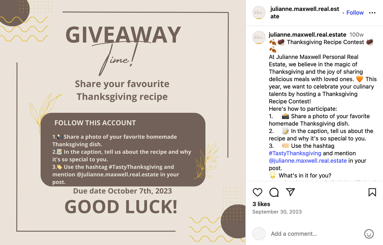 Instagram Thanksgiving giveaway post inviting people to share their favourite homemade recipe with a photo and caption