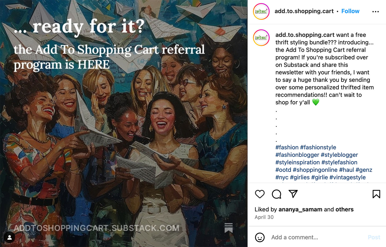Instagram post promoting a customer referral programme with incentives