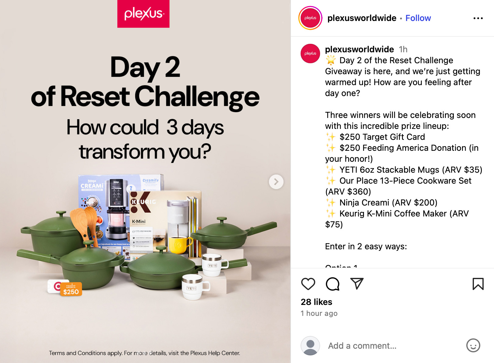 Plexus promotes their Reset Challenge giveaway with a prize bundle and notes that terms and conditions apply