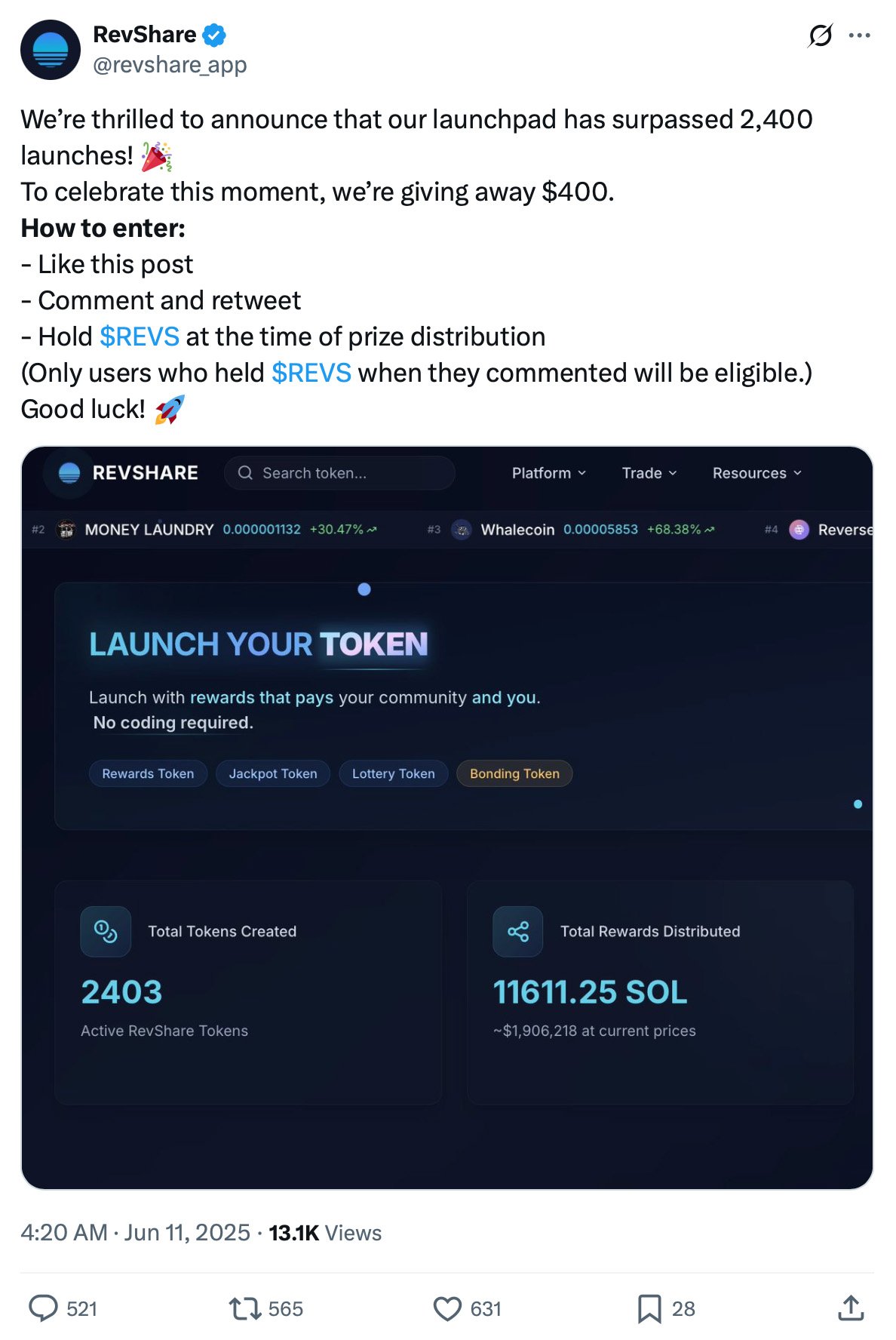RevShare giveaway celebrating 2,400 token launches with a screenshot of the RevShare platform stats and entry instructions
