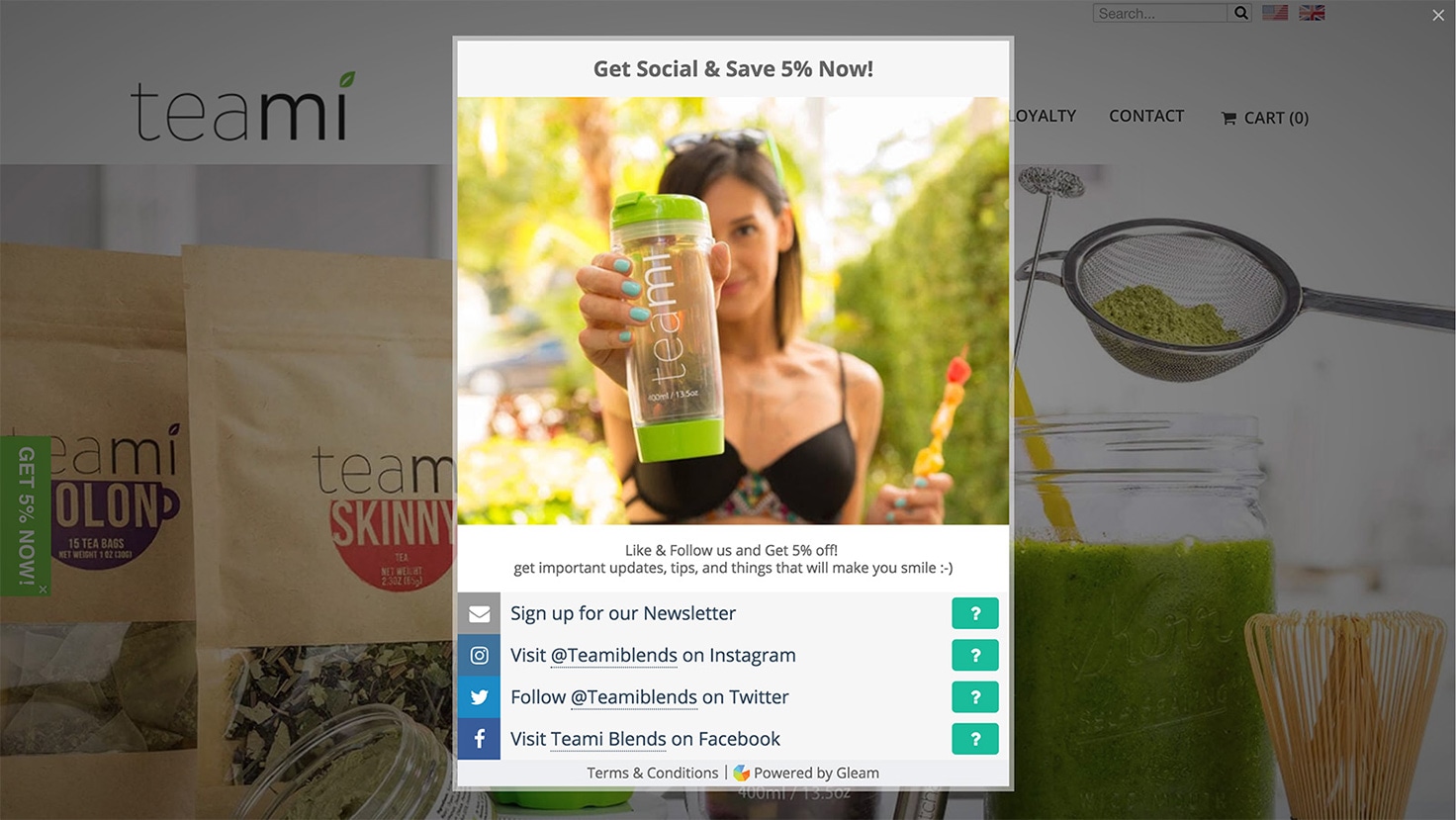 Gleam Rewards tab being opened in Teami Blend's website