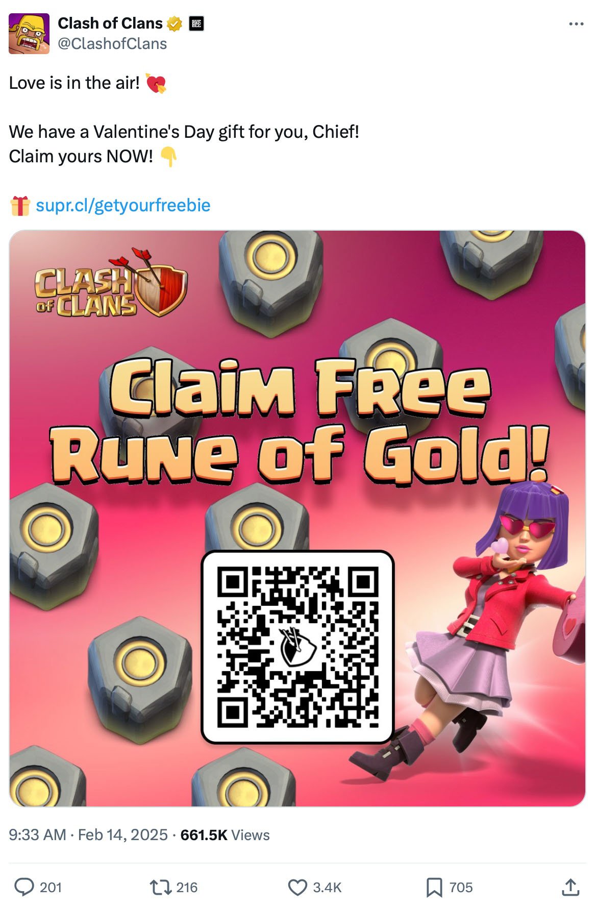 Tweet promoting a Clash of Clans Valentines giveaway with themed rewards and characters