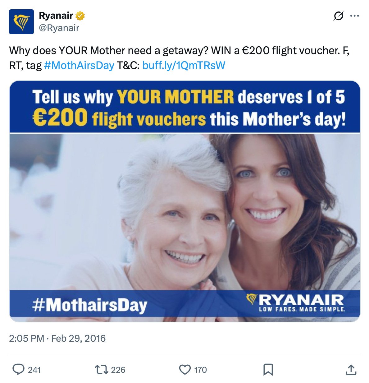 Mother and daughter smiling side by side with text promoting Ryanair flight voucher giveaway