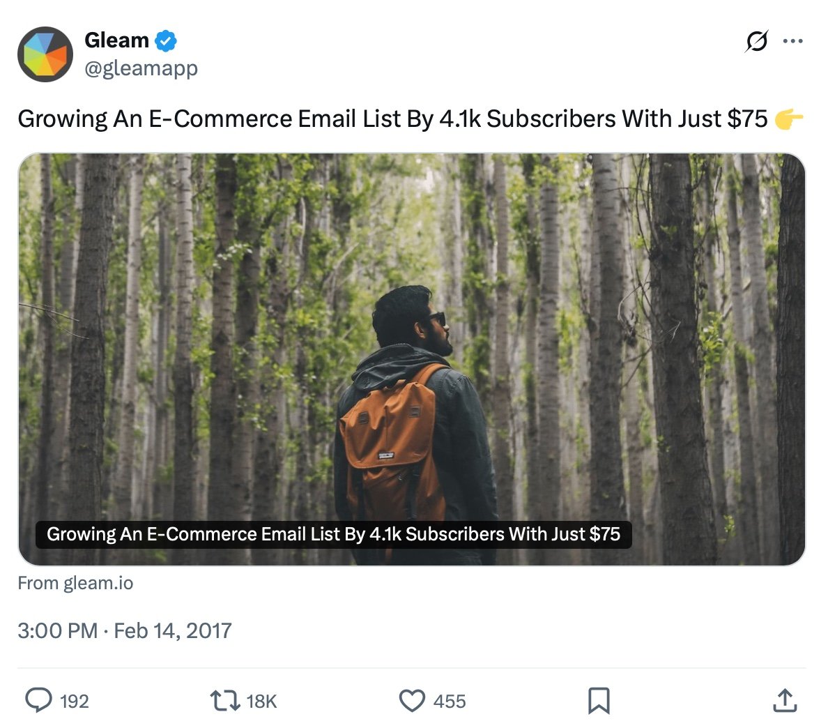 Man with orange backpack looking up in a dense forest, Gleam growth case study