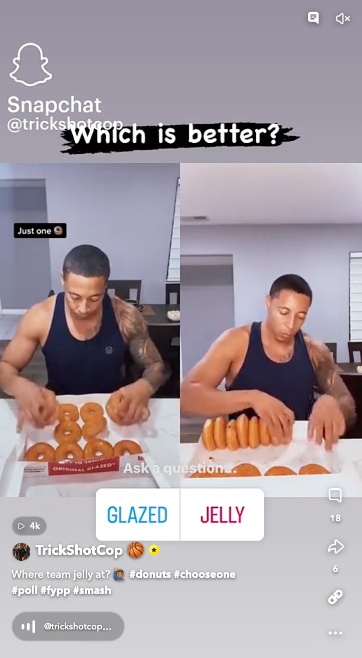 Split-screen Snapchat poll showing a man choosing between glazed and jelly donuts