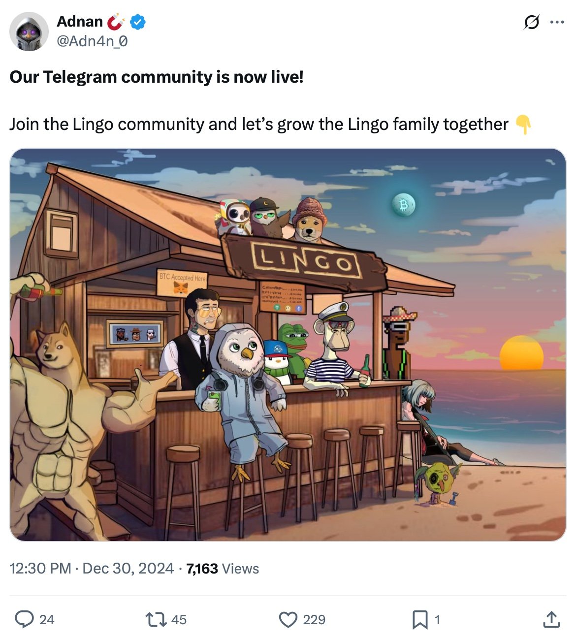 Tweet announcing the launch of the Lingo Telegram community with a cartoon-style bar scene featuring crypto-themed characters