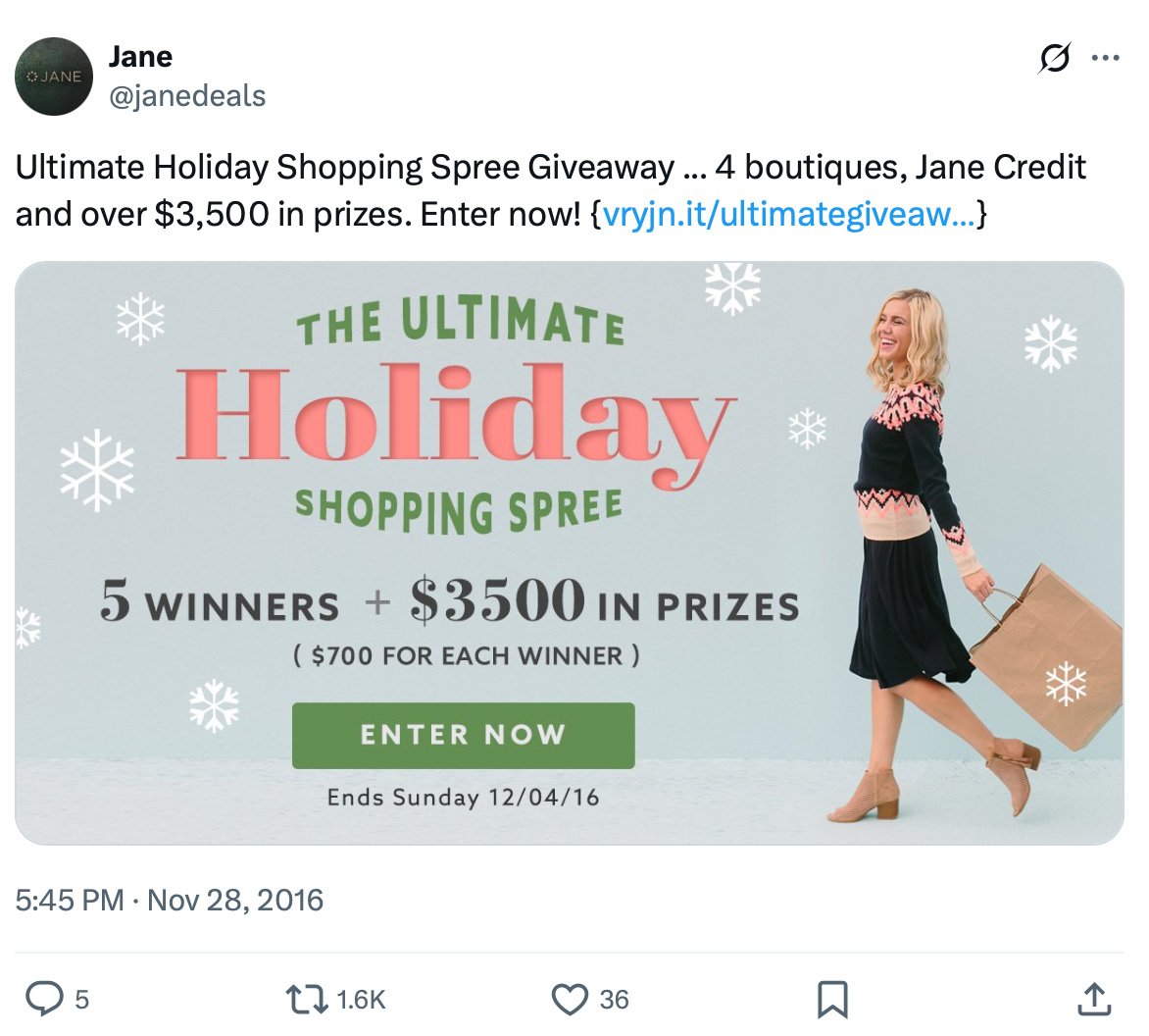 Jane shopping spree giveaway promotion on Twitter