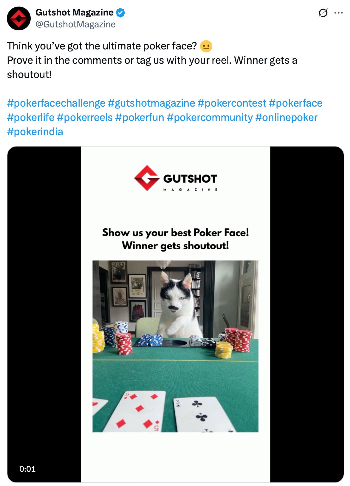 Poker-themed giveaway post by Gutshot Magazine offering a shoutout prize for best poker face