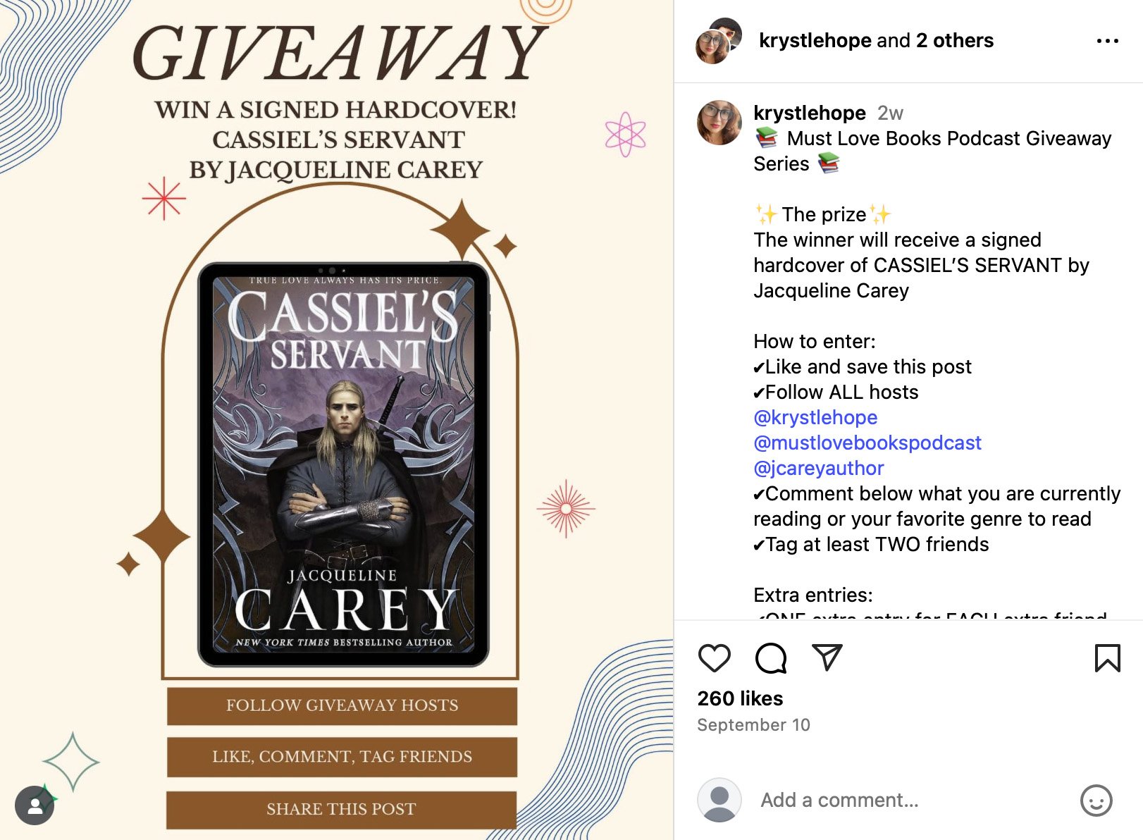 Instagram giveaway: signed hardcover of Cassiel’s Servant by Jacqueline Carey