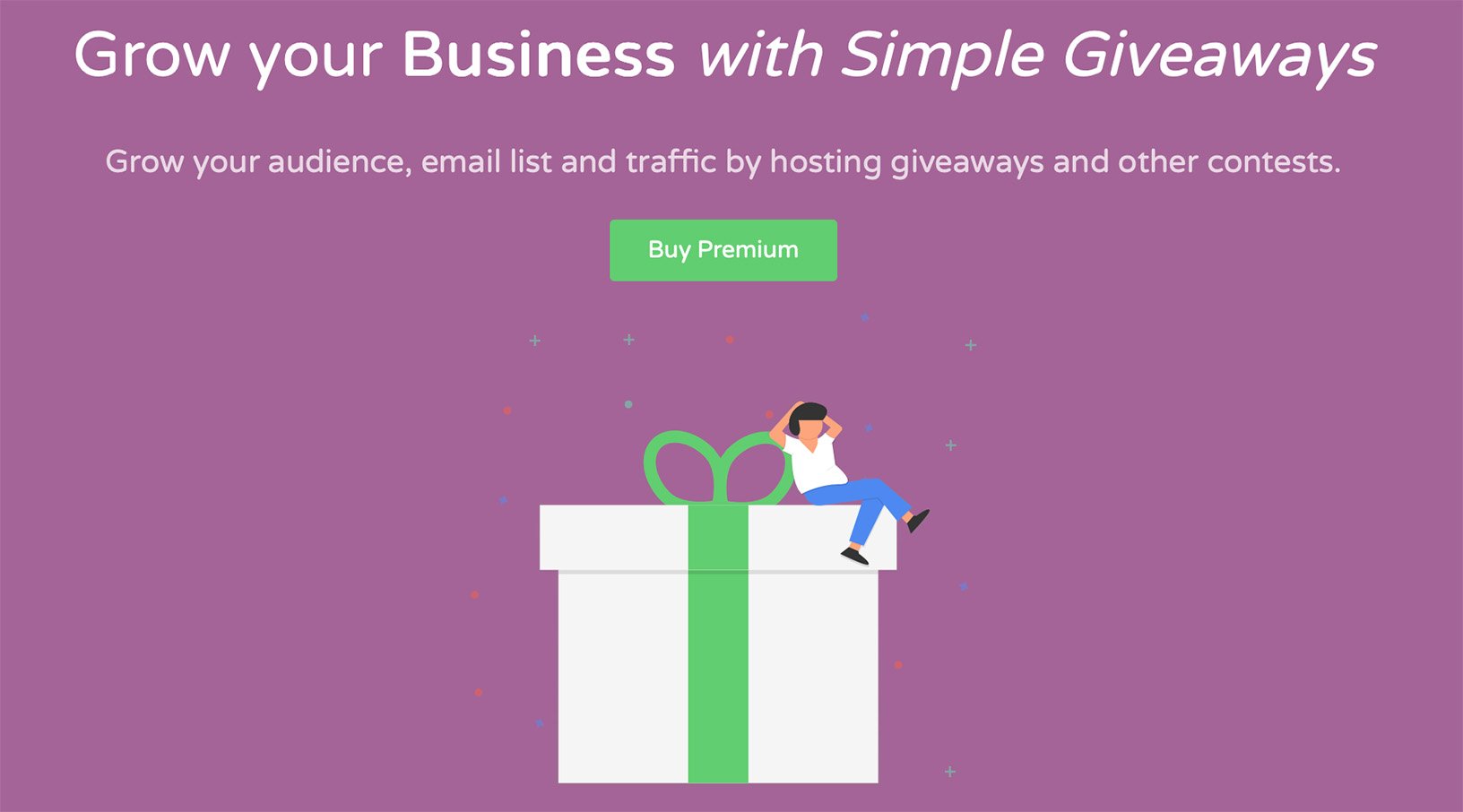 Homepage banner for Simple Giveaways plugin featuring a large gift box and a relaxed character
