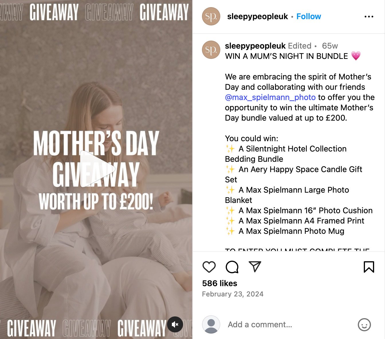 Instagram giveaway post from Sleepy People showcasing a Father's Day bedding bundle
