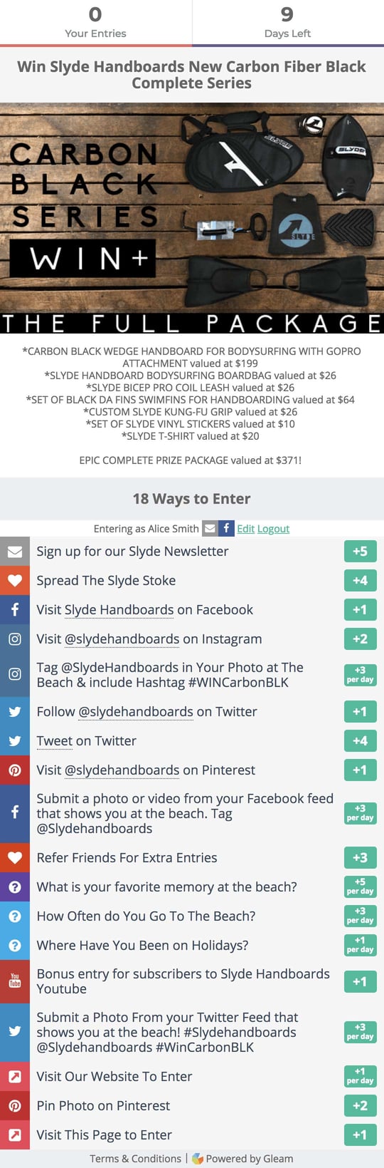 Slyde's Gleam Competitions campaign widget