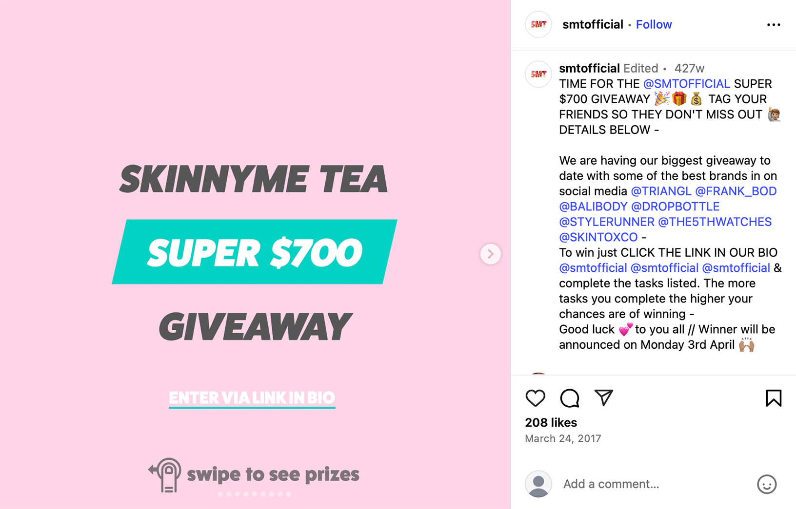 SkinnyMe Tea $700 Giveaway graphic in pink with bold text promoting prize entry
