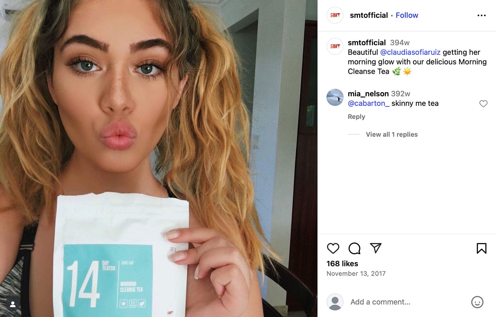 Influencer holding 14-day teatox cleanse tea packet, promoting healthy lifestyle