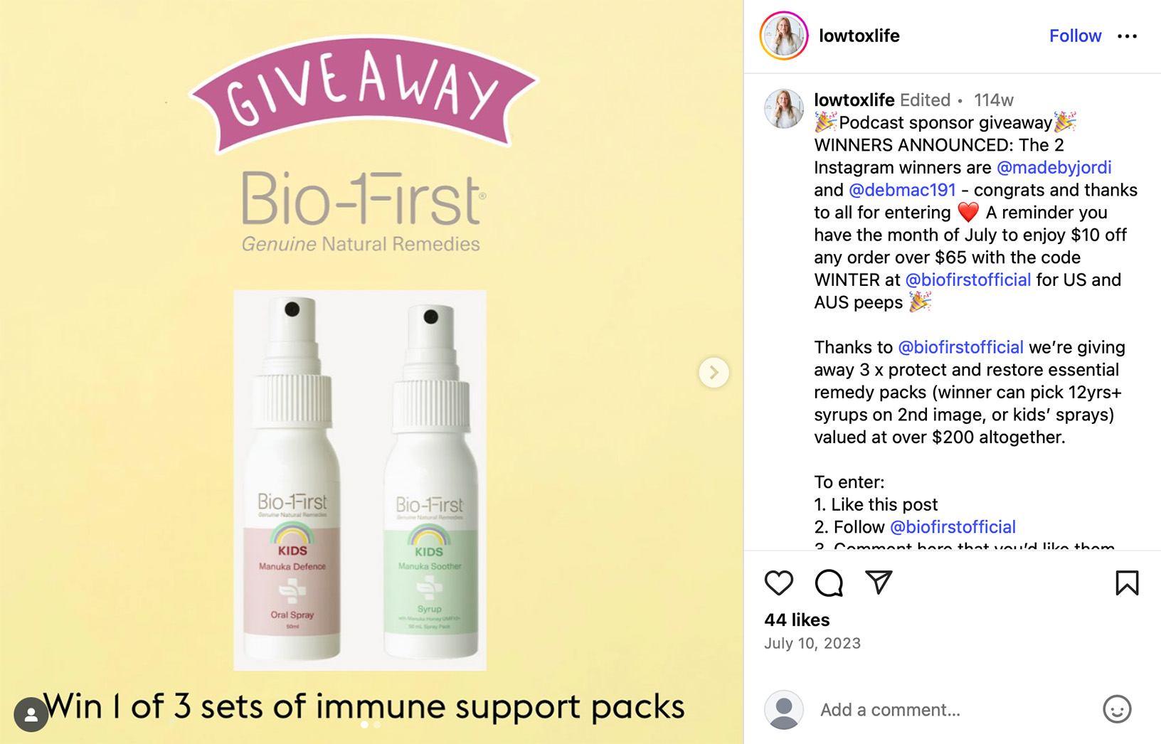 Instagram giveaway post for Bio-First immune support packs with product bottles shown