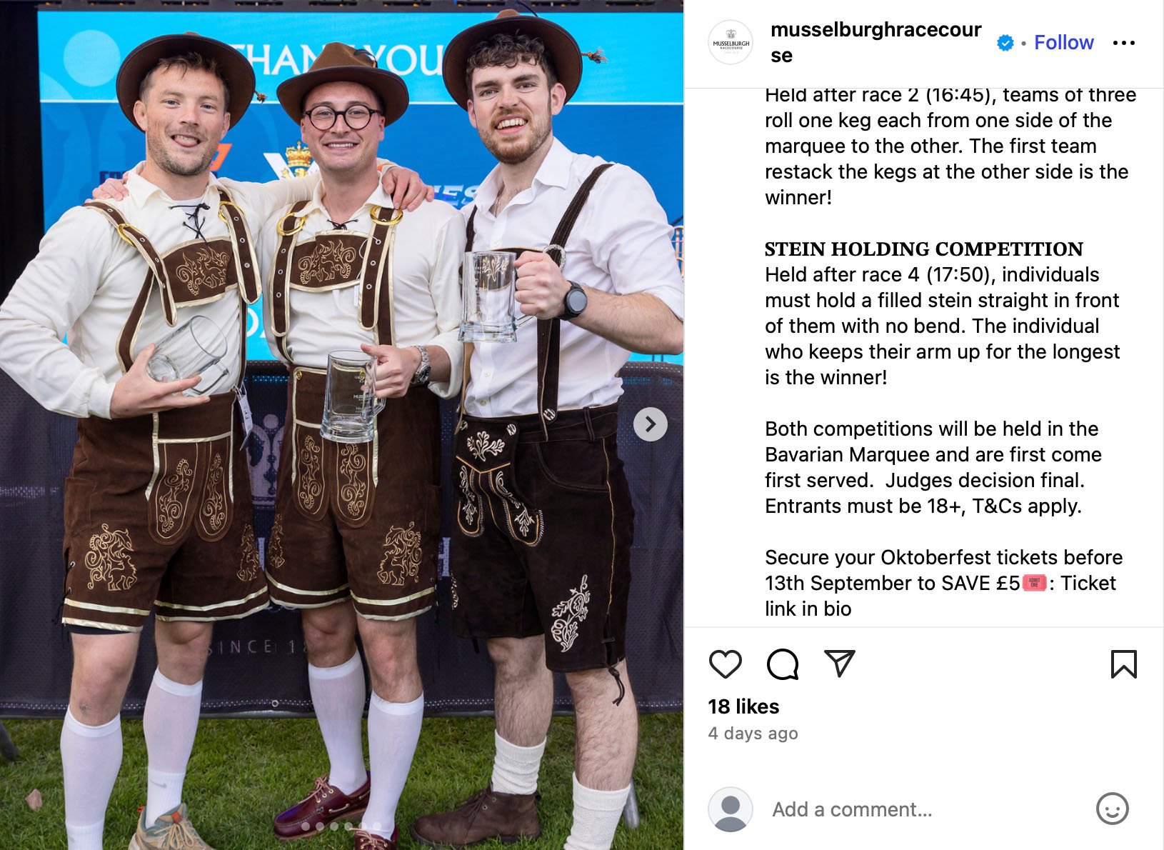 Three men in lederhosen holding beer steins at an Oktoberfest stein holding competition