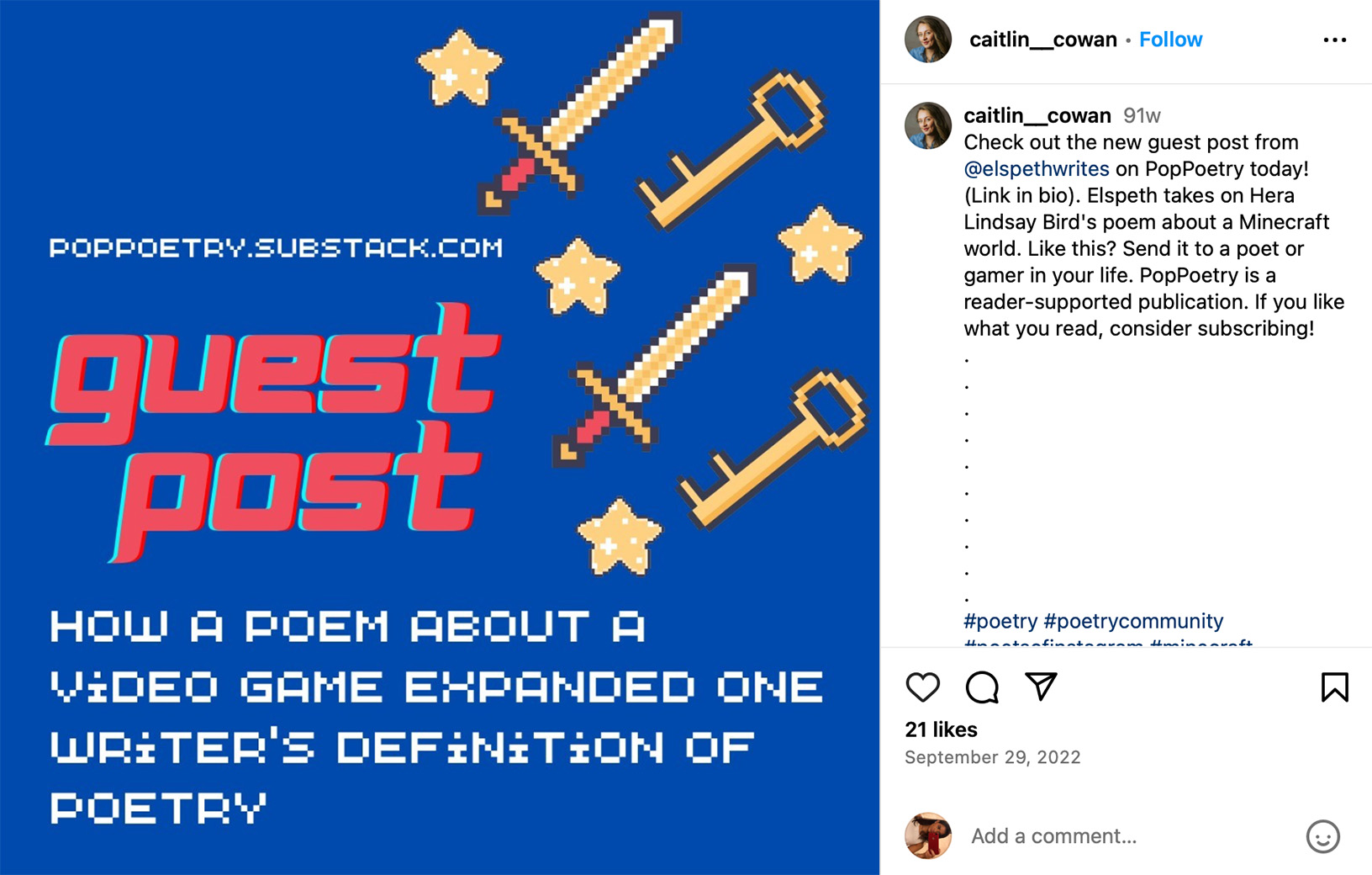 Instagram post promoting a guest post opportunity on Substack